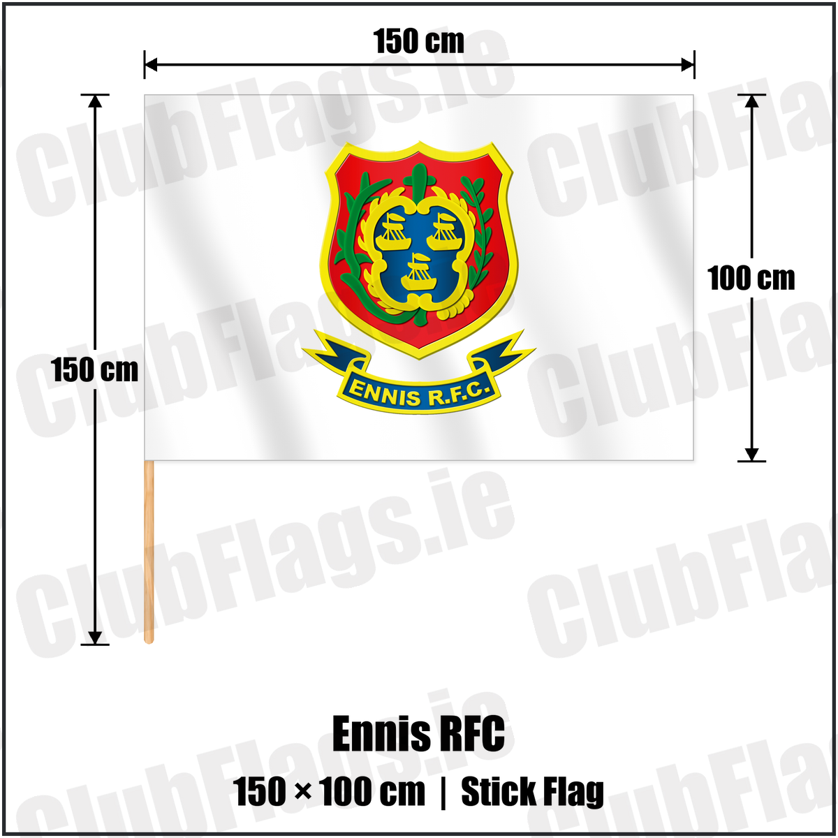 Ennis RFC 100cm x 150cm Stick Flag with the club crest and colours, Clare Rugby - ClubFlags.ie