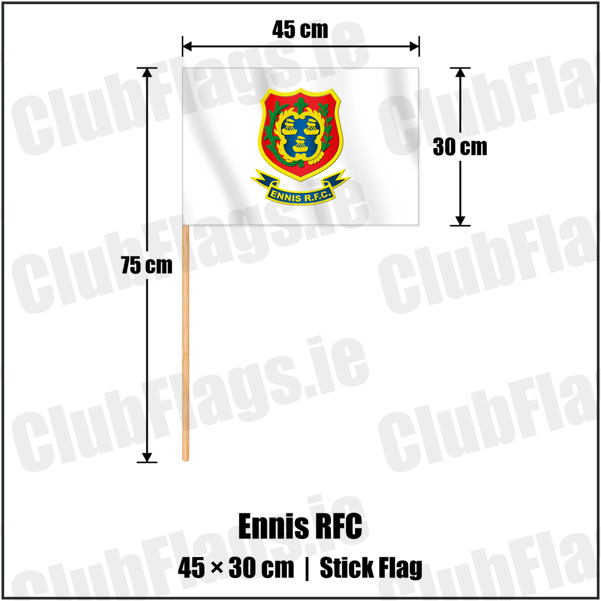 Ennis RFC 30cm x 45cm Stick Flag with the club crest and colours, Clare Rugby - ClubFlags.ie