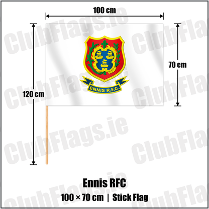 Ennis RFC 70cm x 100cm Stick Flag with the club crest and colours, Clare Rugby - ClubFlags.ie
