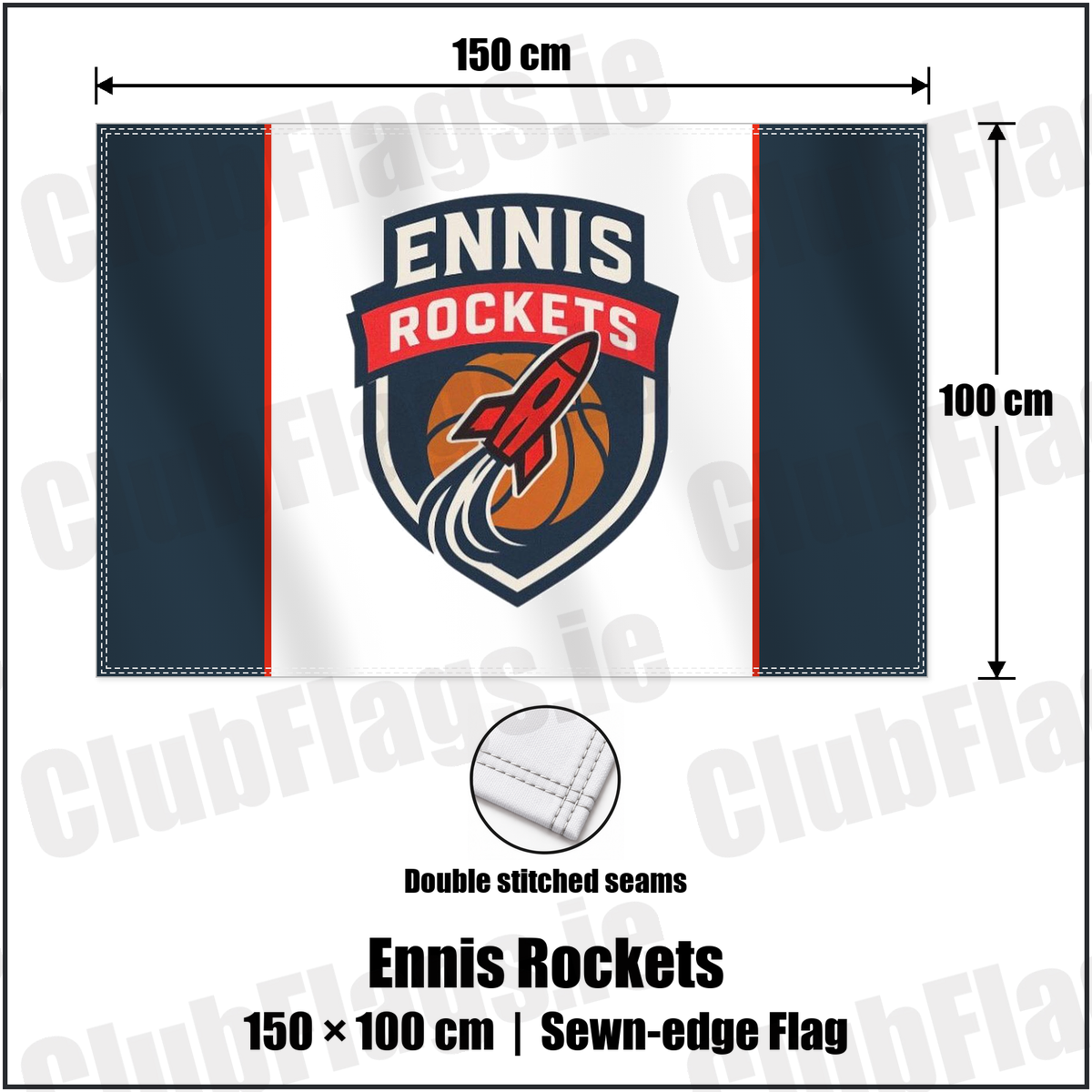 Ennis Rockets 100cm x 150cm Flag (sewn on the edges) with the club crest and colours, Clare Basketball - ClubFlags.ie