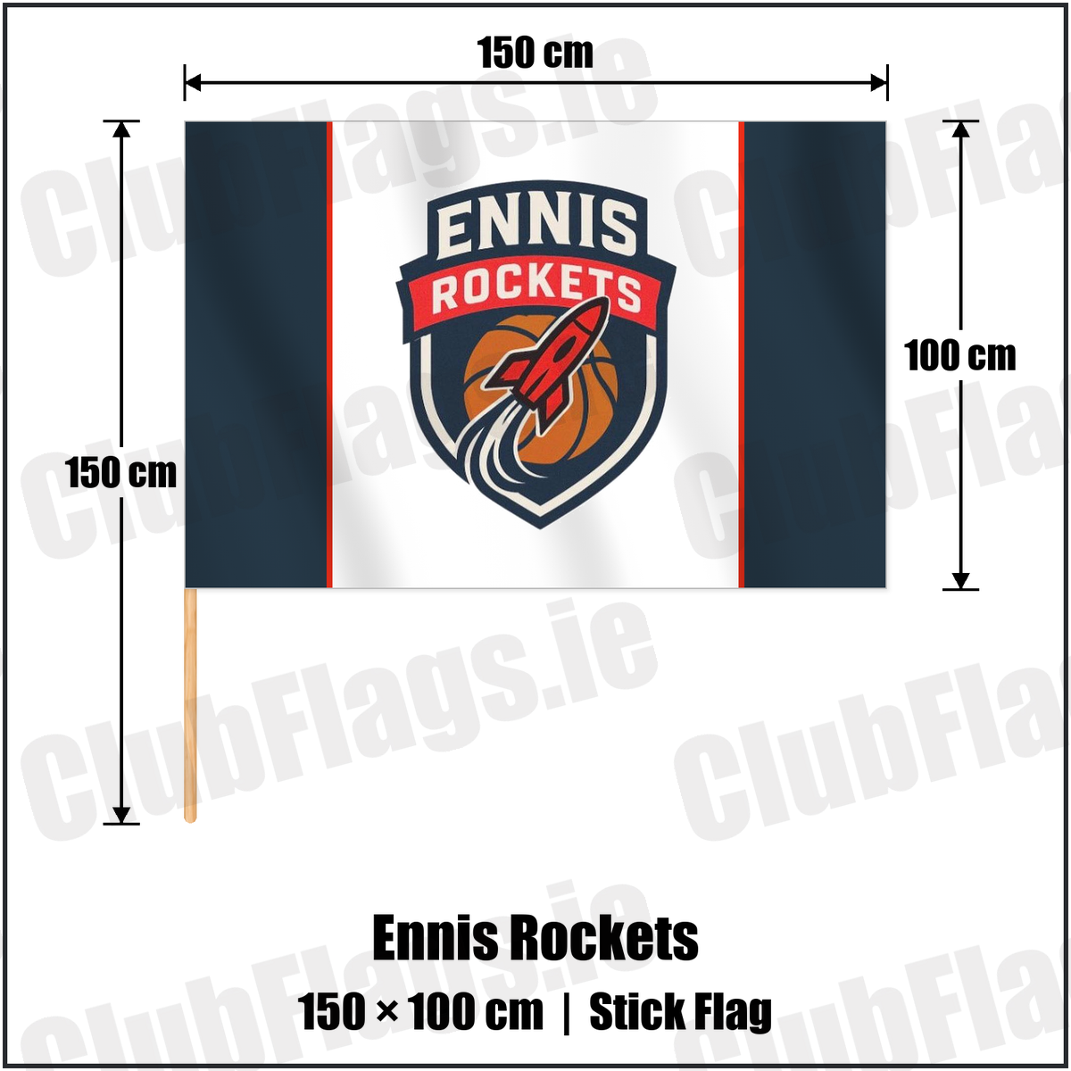 Ennis Rockets 100cm x 150cm Stick Flag with the club crest and colours, Clare Basketball - ClubFlags.ie