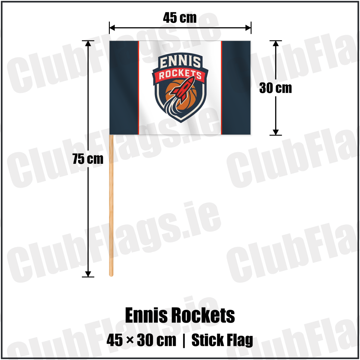 Ennis Rockets 30cm x 45cm Stick Flag with the club crest and colours, Clare Basketball - ClubFlags.ie