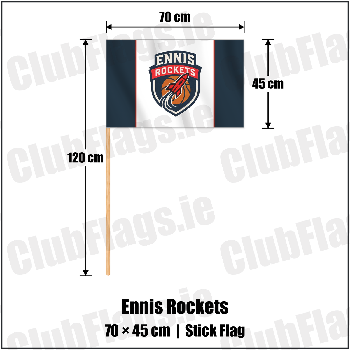Ennis Rockets 45cm x 70cm Stick Flag with the club crest and colours, Clare Basketball - ClubFlags.ie