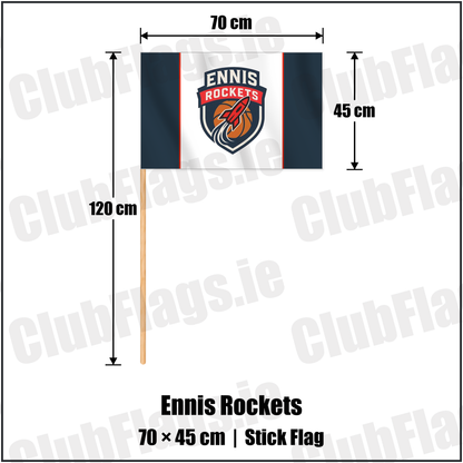 Ennis Rockets 45cm x 70cm Stick Flag with the club crest and colours, Clare Basketball - ClubFlags.ie