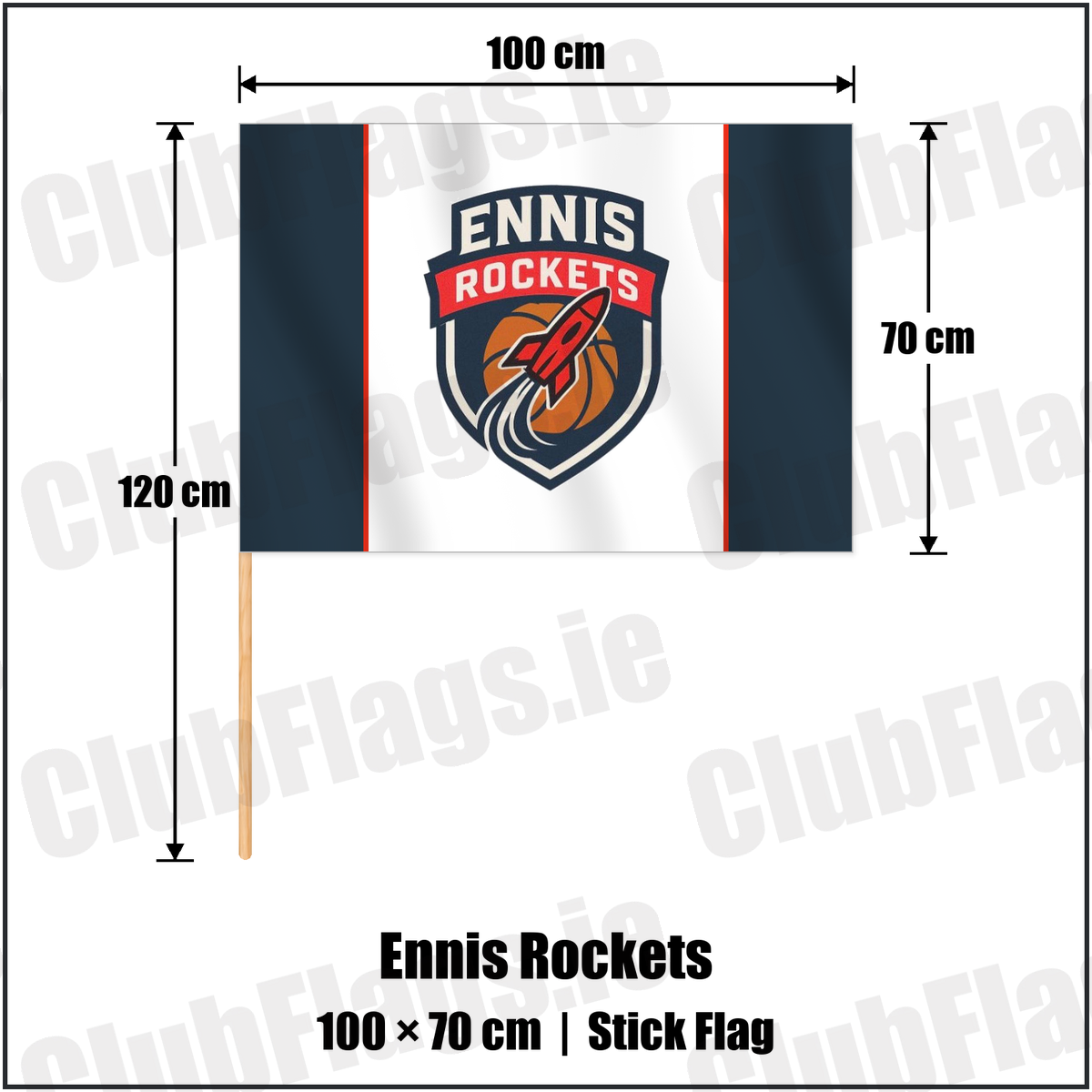 Ennis Rockets 70cm x 100cm Stick Flag with the club crest and colours, Clare Basketball - ClubFlags.ie