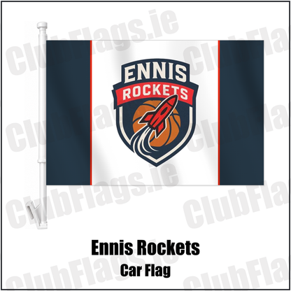 Ennis Rockets Car Flag with the club crest and colours, Clare Basketball - ClubFlags.ie