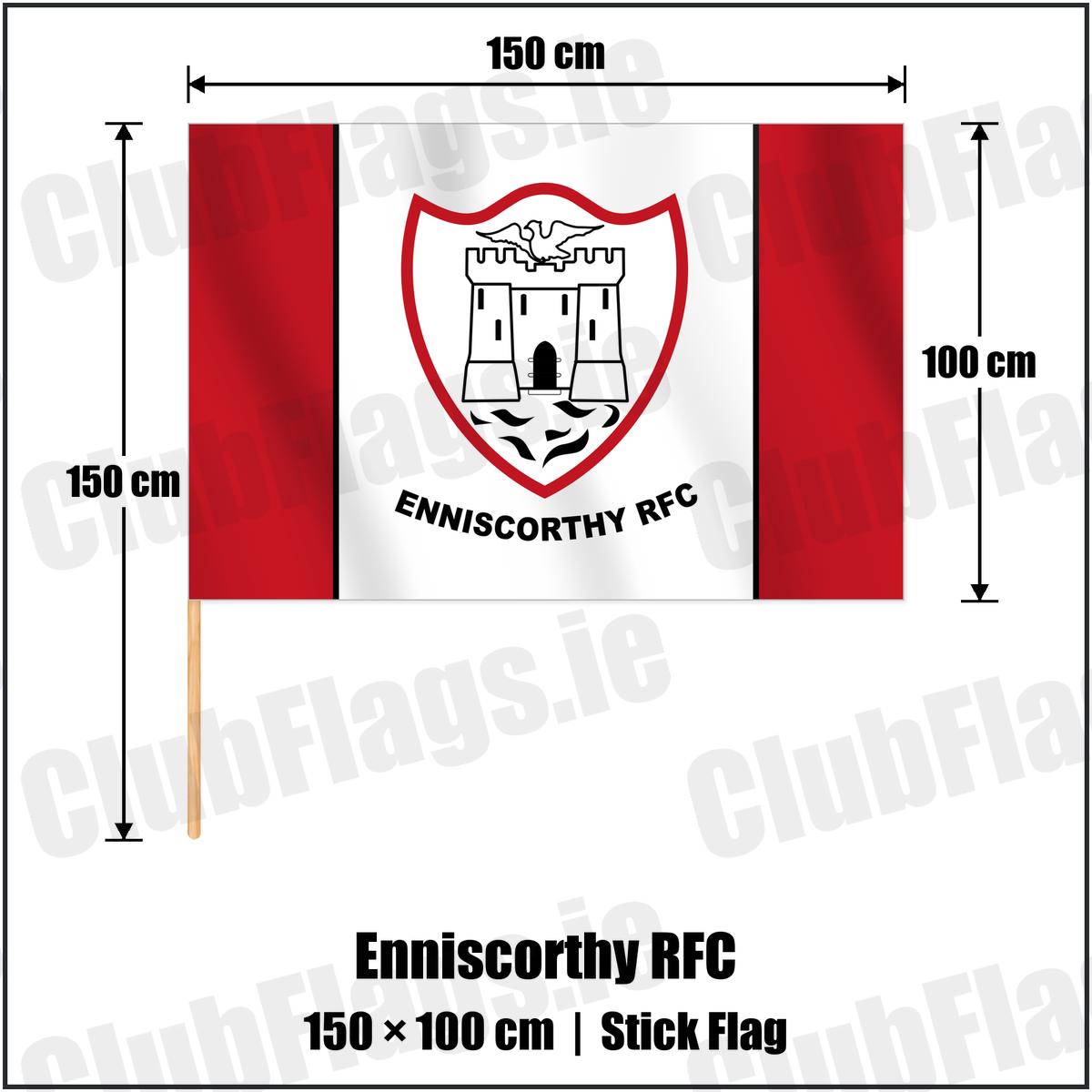 Enniscorthy RFC 100cm x 150cm Stick Flag with the club crest and colours, Wexford Rugby - ClubFlags.ie