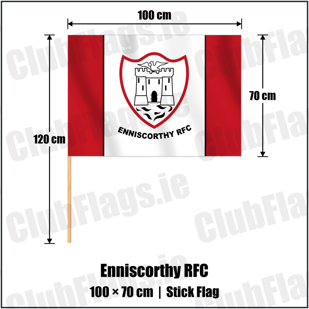 Enniscorthy RFC 70cm x 100cm Stick Flag with the club crest and colours, Wexford Rugby - ClubFlags.ie