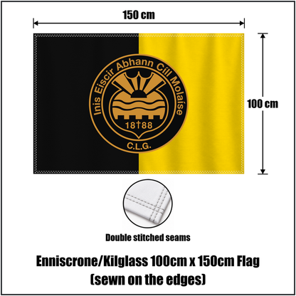 Enniscrone/Kilglass 100cm x 150cm Flag (sewn on the edges), featuring the club crest and black and yellow colours; County Sligo GAA. ClubFlags.ie.