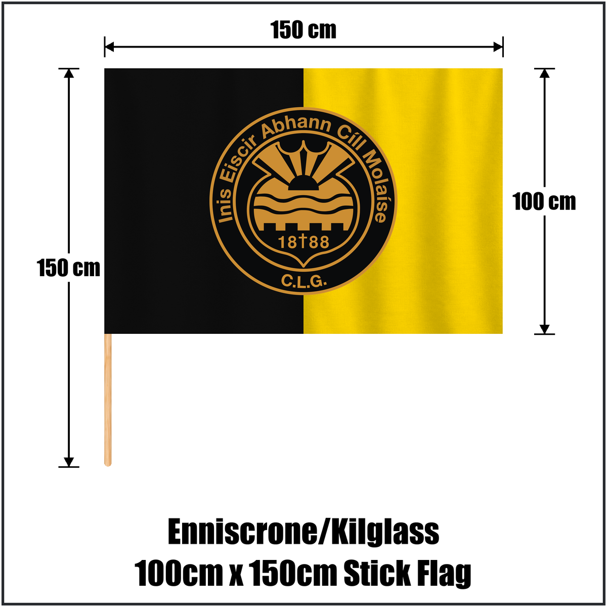 Enniscrone/Kilglass 100cm x 150cm Stick Flag, featuring the club crest and black and yellow colours; County Sligo GAA. ClubFlags.ie.