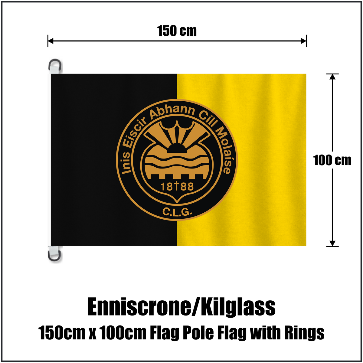Enniscrone/Kilglass 150cm x 100cm Flag Pole Flag with Rings, featuring the club crest and black and yellow colours; County Sligo GAA. ClubFlags.ie.