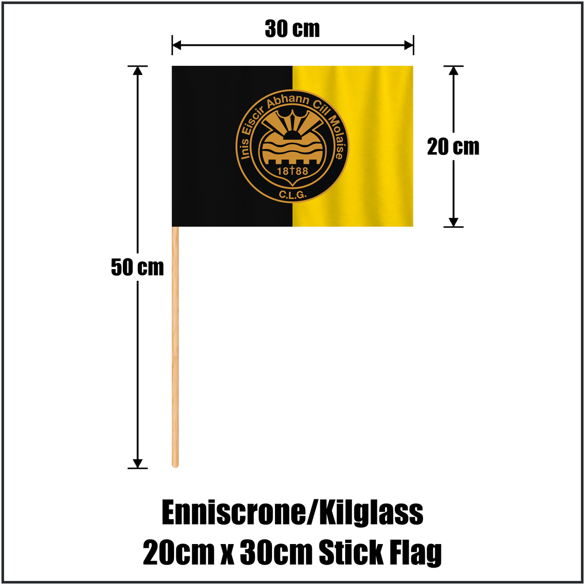 Enniscrone/Kilglass 20cm x 30cm Stick Flag, featuring the club crest and black and yellow colours; County Sligo GAA. ClubFlags.ie.