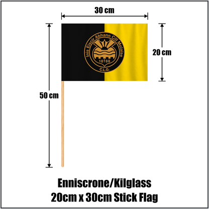 Enniscrone/Kilglass 20cm x 30cm Stick Flag, featuring the club crest and black and yellow colours; County Sligo GAA. ClubFlags.ie.