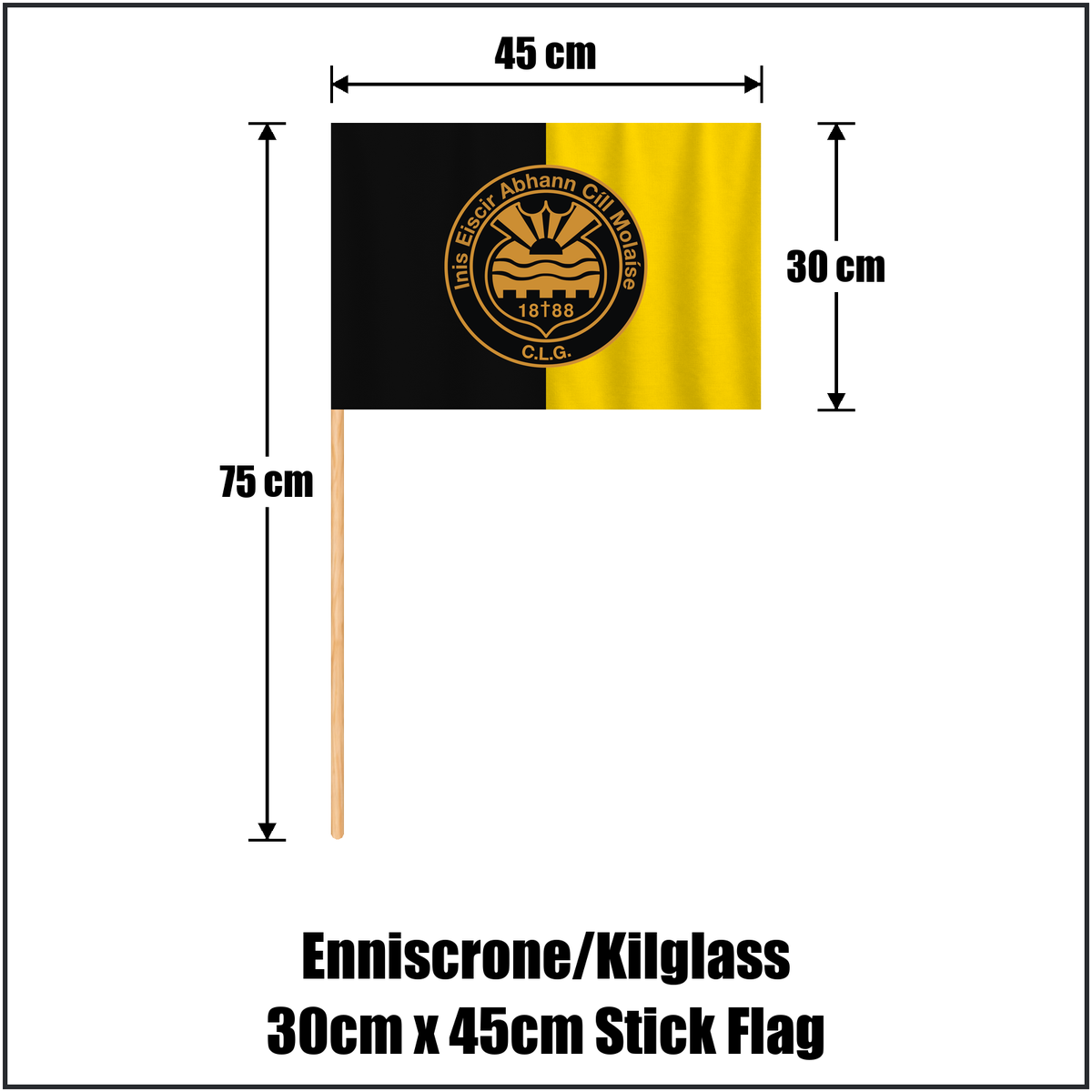 Enniscrone/Kilglass 30cm x 45cm Stick Flag, featuring the club crest and black and yellow colours; County Sligo GAA. ClubFlags.ie.