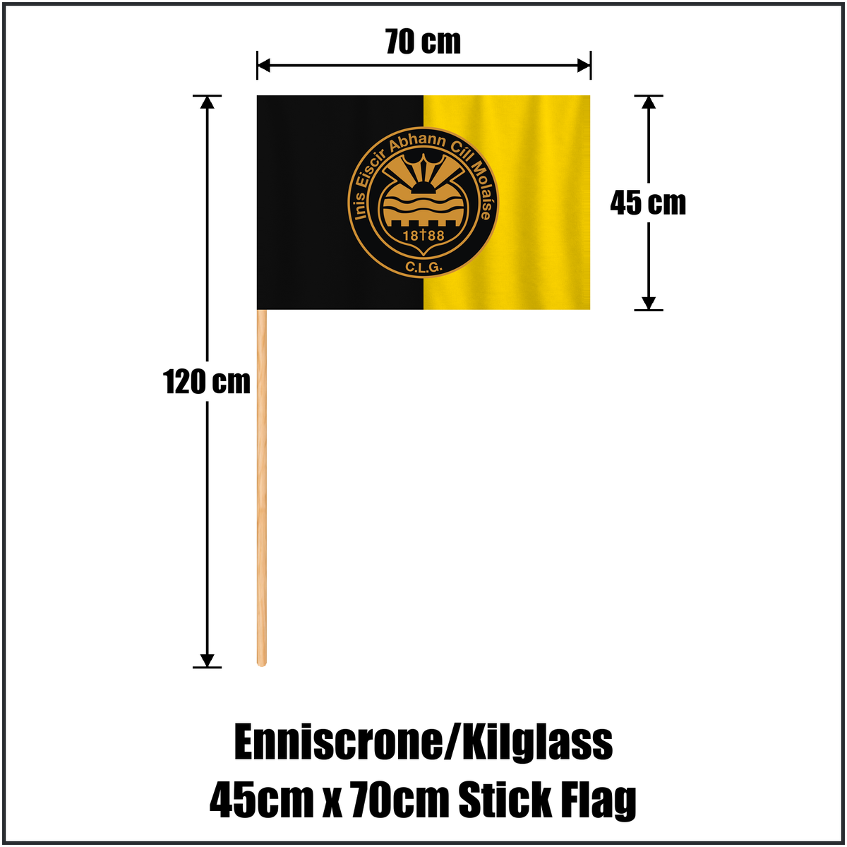 Enniscrone/Kilglass 45cm x 70cm Stick Flag, featuring the club crest and black and yellow colours; County Sligo GAA. ClubFlags.ie.