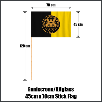 Enniscrone/Kilglass 45cm x 70cm Stick Flag, featuring the club crest and black and yellow colours; County Sligo GAA. ClubFlags.ie.
