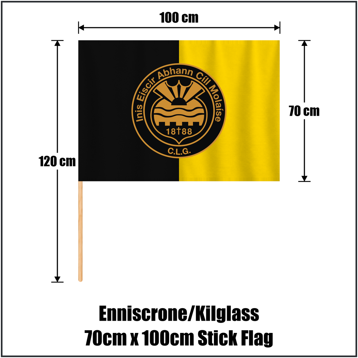 Enniscrone/Kilglass 70cm x 100cm Stick Flag, featuring the club crest and black and yellow colours; County Sligo GAA. ClubFlags.ie.