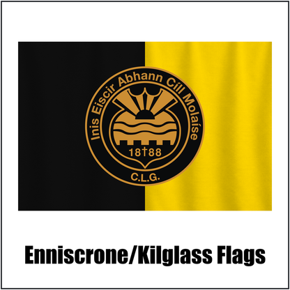 Enniscrone/Kilglass Flags, featuring the club crest and black and yellow colours; County Sligo GAA. ClubFlags.ie.