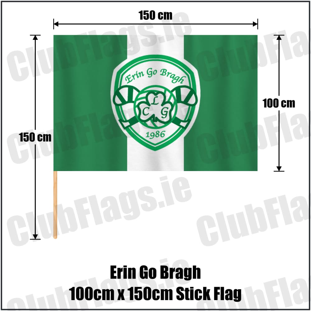 Erin Go Bragh 100cm x 150cm Stick Flag in green and white, featuring the club crest on realistic fabric with gentle vertical folds; County Dublin GAA. ClubFlags.ie.