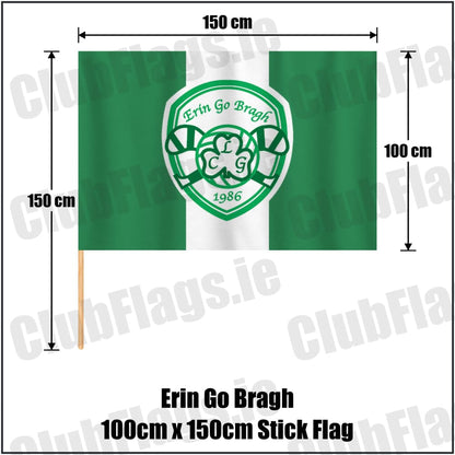 Erin Go Bragh 100cm x 150cm Stick Flag in green and white, featuring the club crest on realistic fabric with gentle vertical folds; County Dublin GAA. ClubFlags.ie.