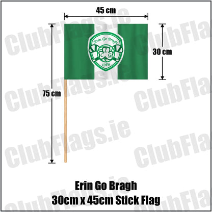 Erin Go Bragh 30cm x 45cm Stick Flag in green and white, featuring the club crest on realistic fabric with gentle vertical folds; County Dublin GAA. ClubFlags.ie.