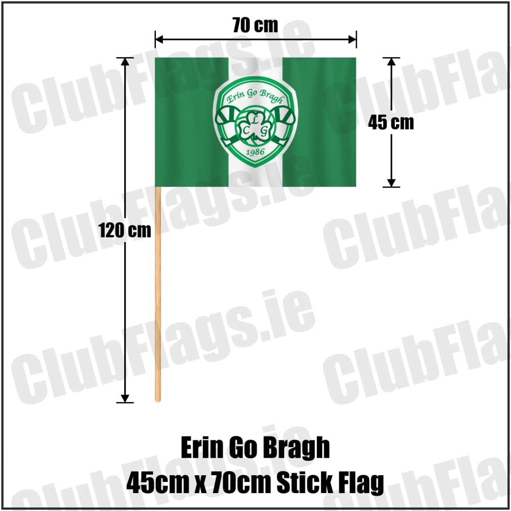 Erin Go Bragh 45cm x 70cm Stick Flag in green and white, featuring the club crest on realistic fabric with gentle vertical folds; County Dublin GAA. ClubFlags.ie.