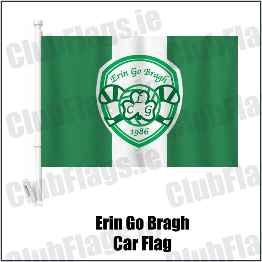 Erin Go Bragh Car Flag in green and white, featuring the club crest on realistic fabric with gentle vertical folds; County Dublin GAA. ClubFlags.ie.