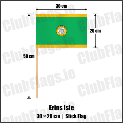 Erins Isle 20cm x 30cm Stick Flag with the club crest and colours, Dublin GAA - ClubFlags.ie