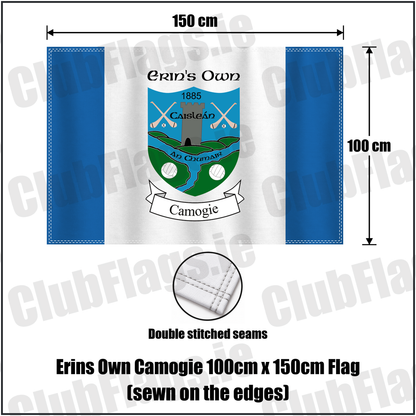 Erins Own Camogie 100cm x 150cm Flag (sewn on the edges), featuring the club crest and blue and white colours; County Kilkenny camogie. ClubFlags.ie.