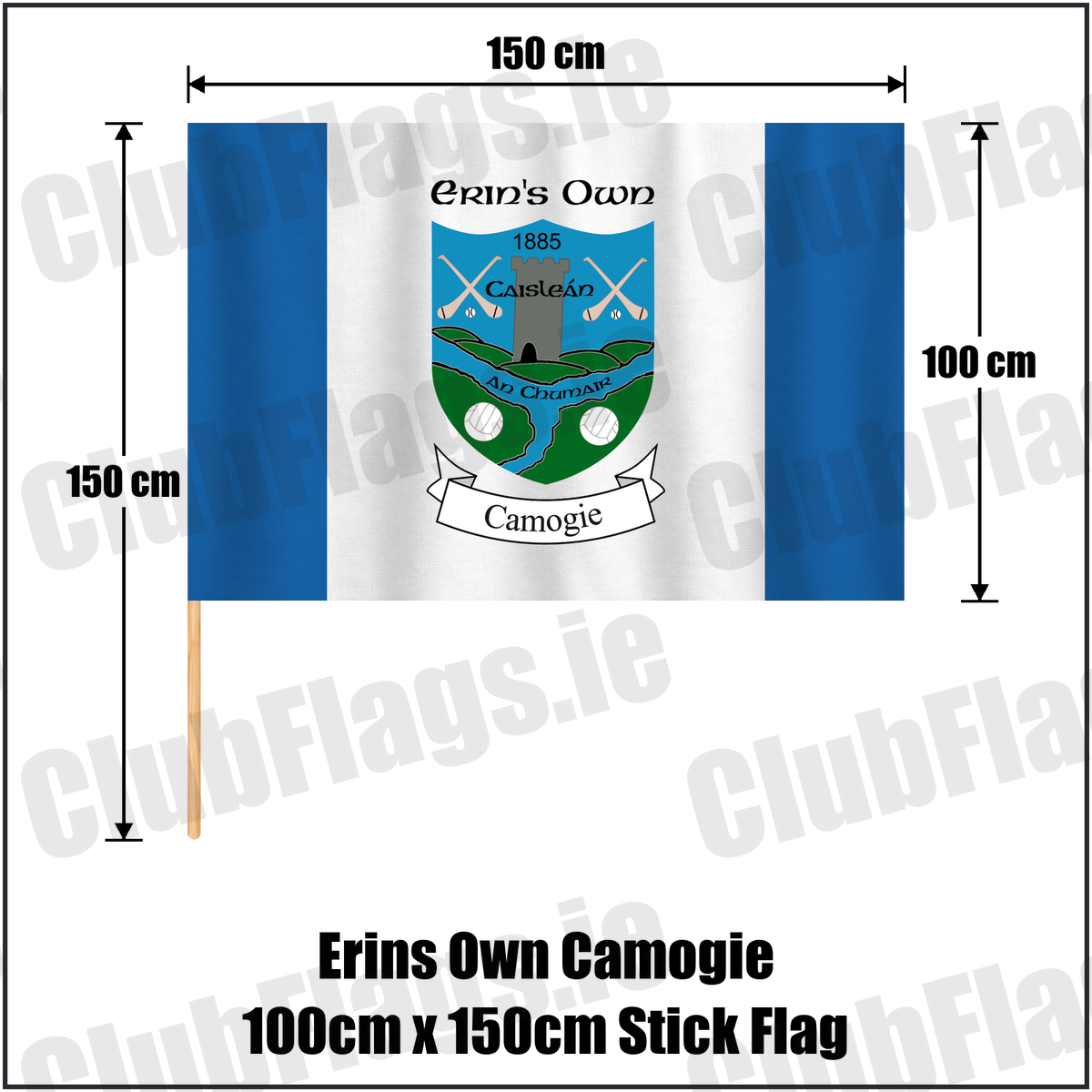 Erins Own Camogie 100cm x 150cm Stick Flag, featuring the club crest and blue and white colours; County Kilkenny camogie. ClubFlags.ie.