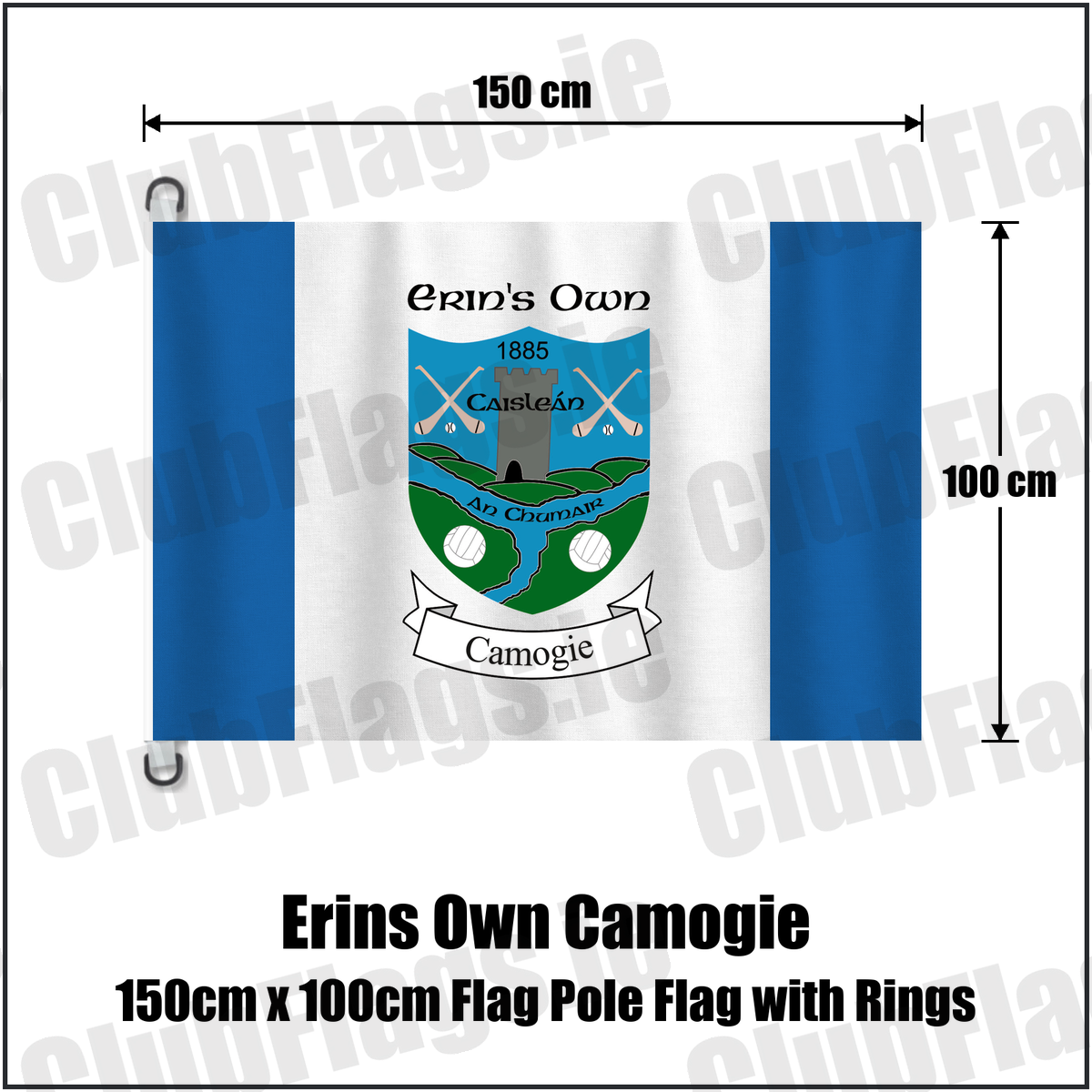 Erins Own Camogie 150cm x 100cm Flag Pole Flag with Rings, featuring the club crest and blue and white colours; County Kilkenny camogie. ClubFlags.ie.