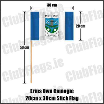 Erins Own Camogie 20cm x 30cm Stick Flag, featuring the club crest and blue and white colours; County Kilkenny camogie. ClubFlags.ie.