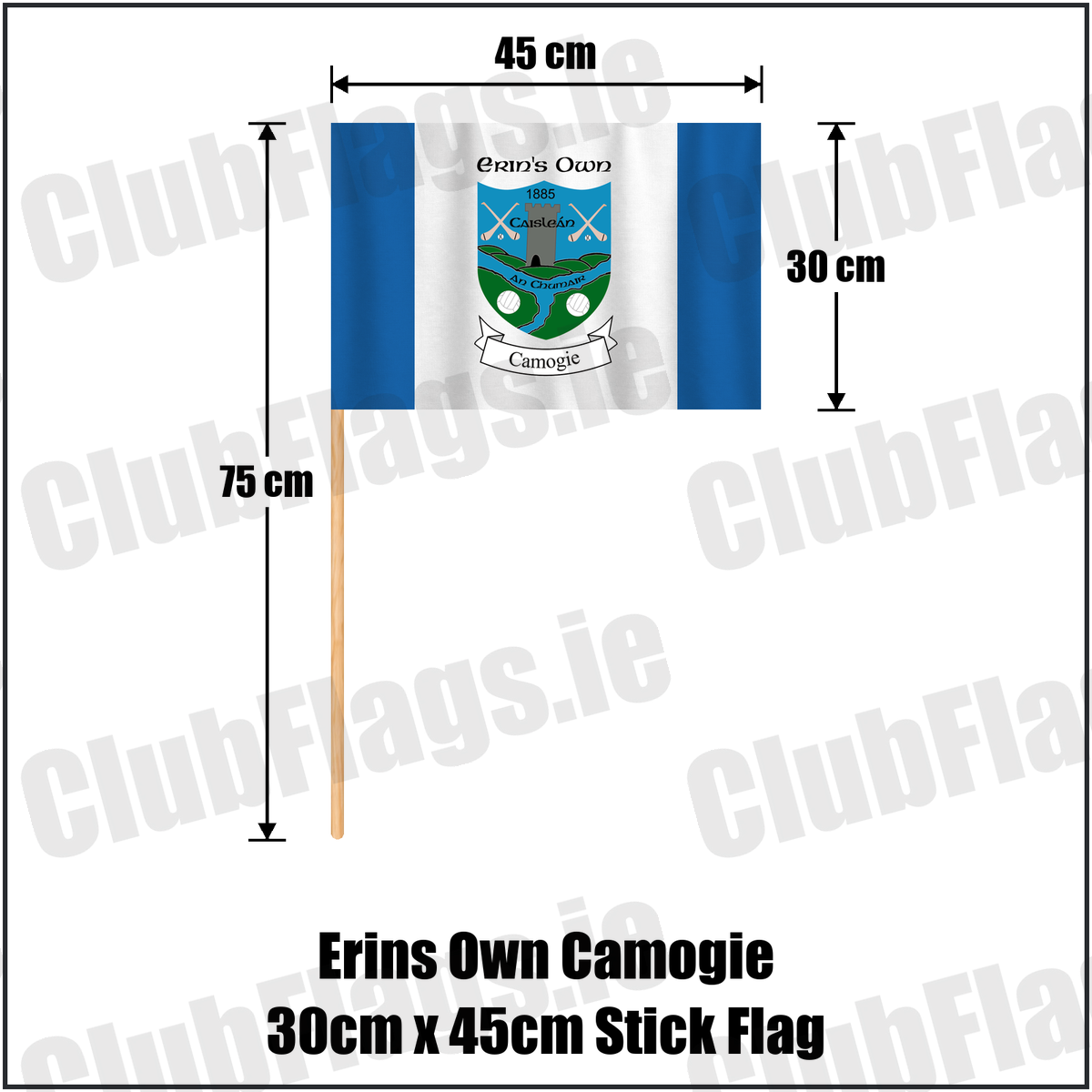 Erins Own Camogie 30cm x 45cm Stick Flag, featuring the club crest and blue and white colours; County Kilkenny camogie. ClubFlags.ie.