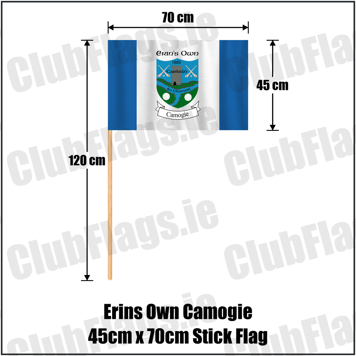 Erins Own Camogie 45cm x 70cm Stick Flag, featuring the club crest and blue and white colours; County Kilkenny camogie. ClubFlags.ie.