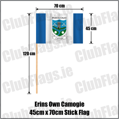 Erins Own Camogie 45cm x 70cm Stick Flag, featuring the club crest and blue and white colours; County Kilkenny camogie. ClubFlags.ie.