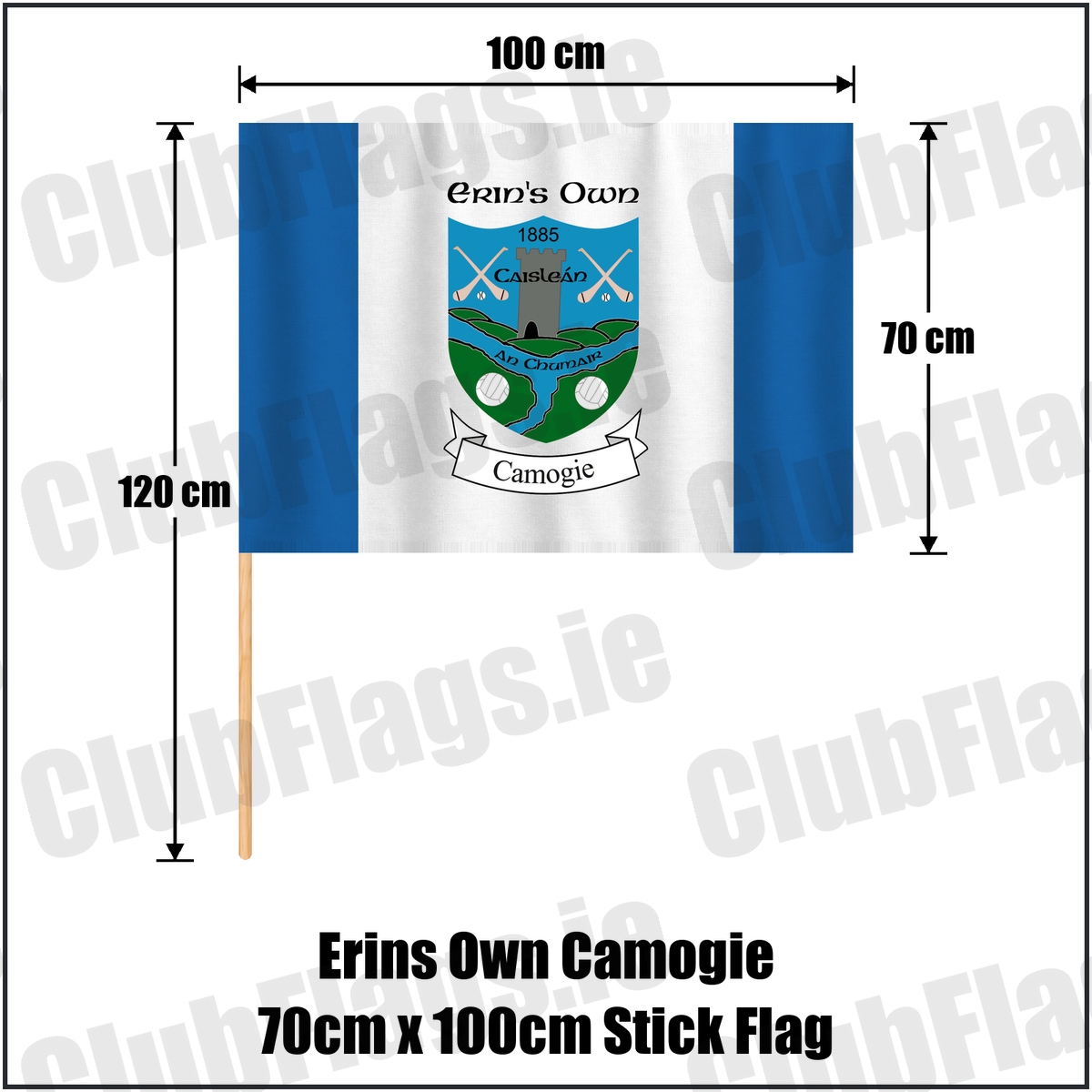 Erins Own Camogie 70cm x 100cm Stick Flag, featuring the club crest and blue and white colours; County Kilkenny camogie. ClubFlags.ie.