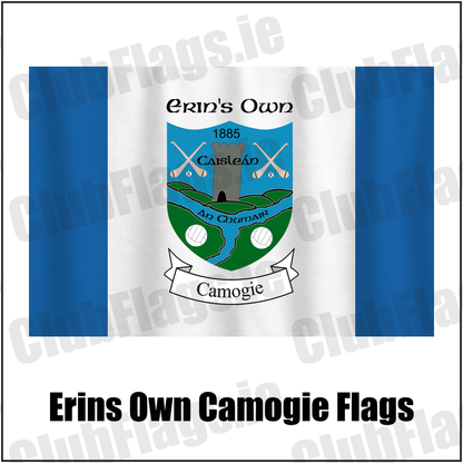 Erins Own Camogie Flags, featuring the club crest and blue and white colours; County Kilkenny camogie. ClubFlags.ie.