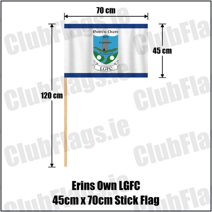 Erins Own LGFC 45cm x 70cm Stick Flag, featuring the club crest and blue and white colours; County Kilkenny lgfa. ClubFlags.ie.