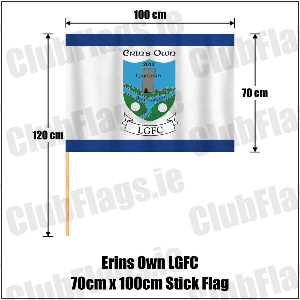 Erins Own LGFC 70cm x 100cm Stick Flag, featuring the club crest and blue and white colours; County Kilkenny lgfa. ClubFlags.ie.