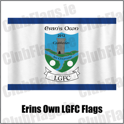 Erins Own LGFC Flags, featuring the club crest and blue and white colours; County Kilkenny lgfa. ClubFlags.ie.