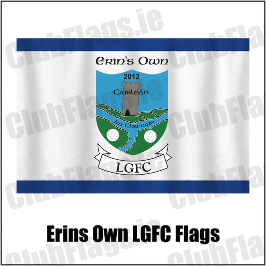 Erins Own LGFC Flags, featuring the club crest and blue and white colours; County Kilkenny lgfa. ClubFlags.ie.