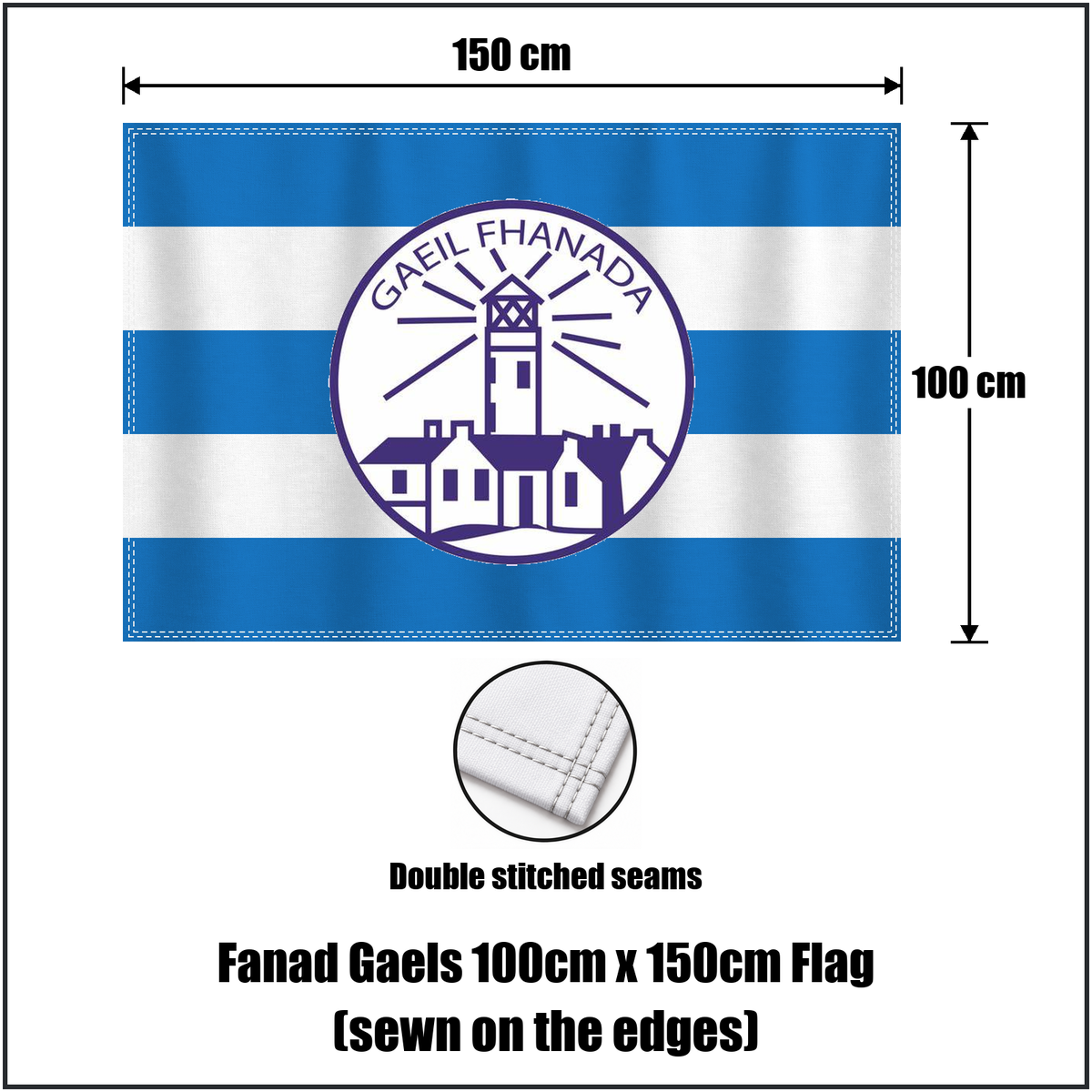 Fanad Gaels 100cm x 150cm Flag (sewn on the edges), featuring the club crest and blue and white colours; County Donegal GAA. ClubFlags.ie.