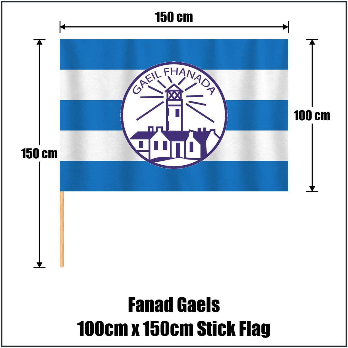 Fanad Gaels 100cm x 150cm Stick Flag, featuring the club crest and blue and white colours; County Donegal GAA. ClubFlags.ie.