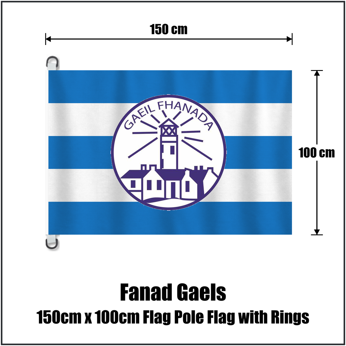 Fanad Gaels 150cm x 100cm Flag Pole Flag with Rings, featuring the club crest and blue and white colours; County Donegal GAA. ClubFlags.ie.