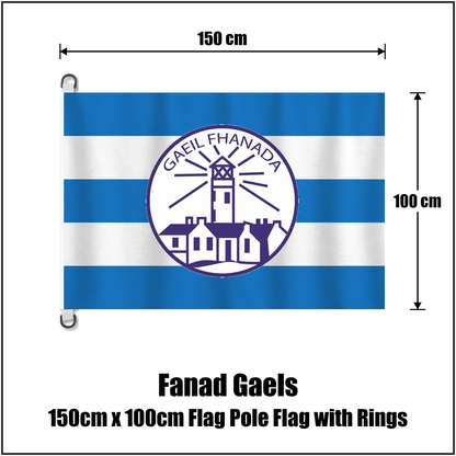 Fanad Gaels 150cm x 100cm Flag Pole Flag with Rings, featuring the club crest and blue and white colours; County Donegal GAA. ClubFlags.ie.