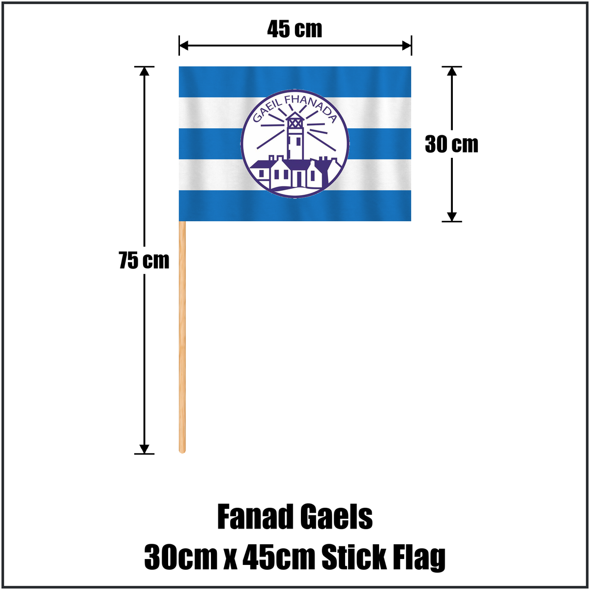 Fanad Gaels 30cm x 45cm Stick Flag, featuring the club crest and blue and white colours; County Donegal GAA. ClubFlags.ie.
