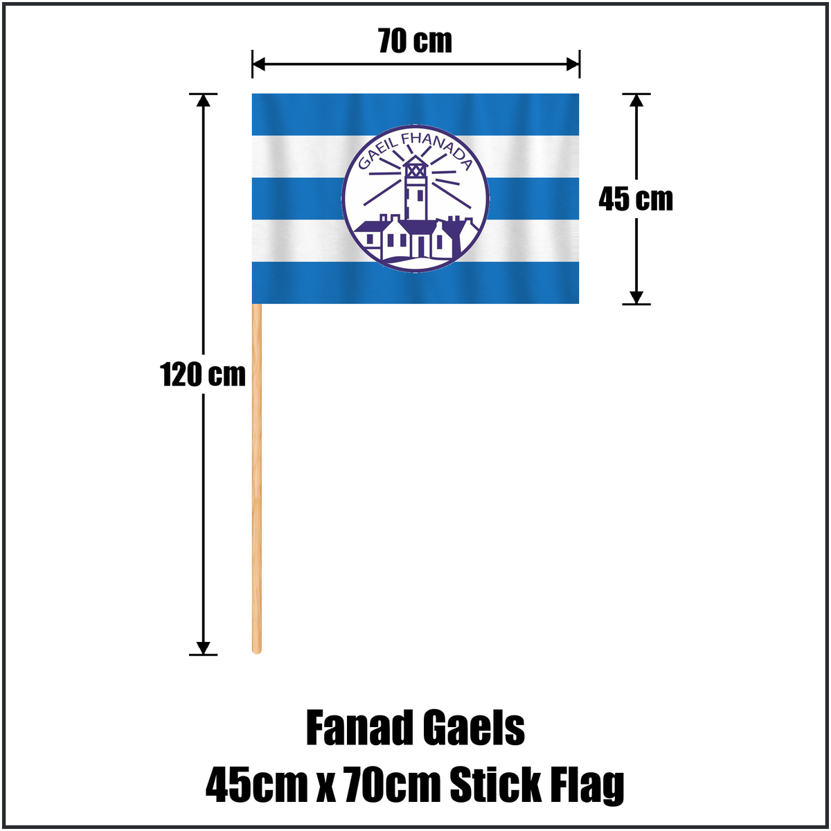 Fanad Gaels 45cm x 70cm Stick Flag, featuring the club crest and blue and white colours; County Donegal GAA. ClubFlags.ie.