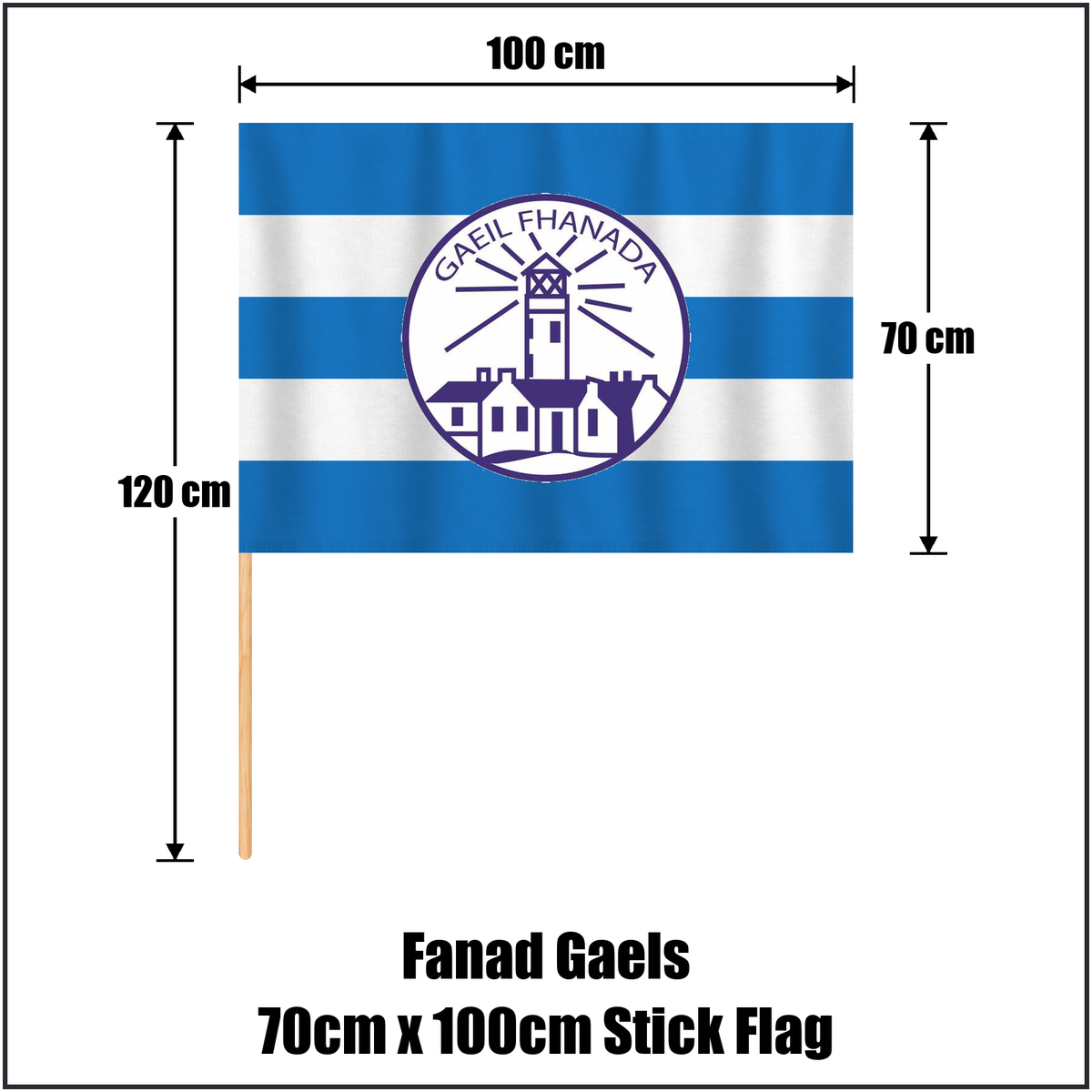 Fanad Gaels 70cm x 100cm Stick Flag, featuring the club crest and blue and white colours; County Donegal GAA. ClubFlags.ie.
