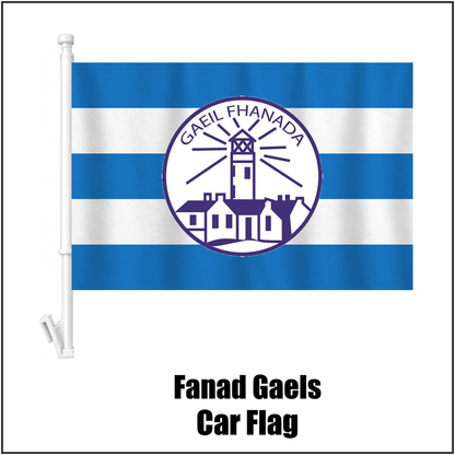 Fanad Gaels Car Flag, featuring the club crest and blue and white colours; County Donegal GAA. ClubFlags.ie.