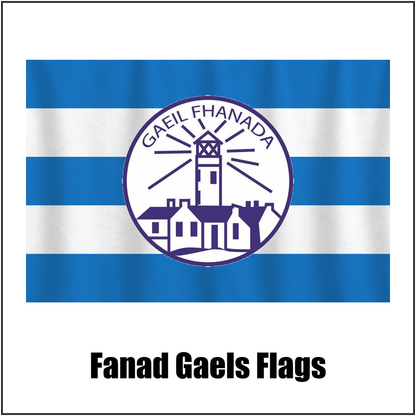 Fanad Gaels Flags, featuring the club crest and blue and white colours; County Donegal GAA. ClubFlags.ie.